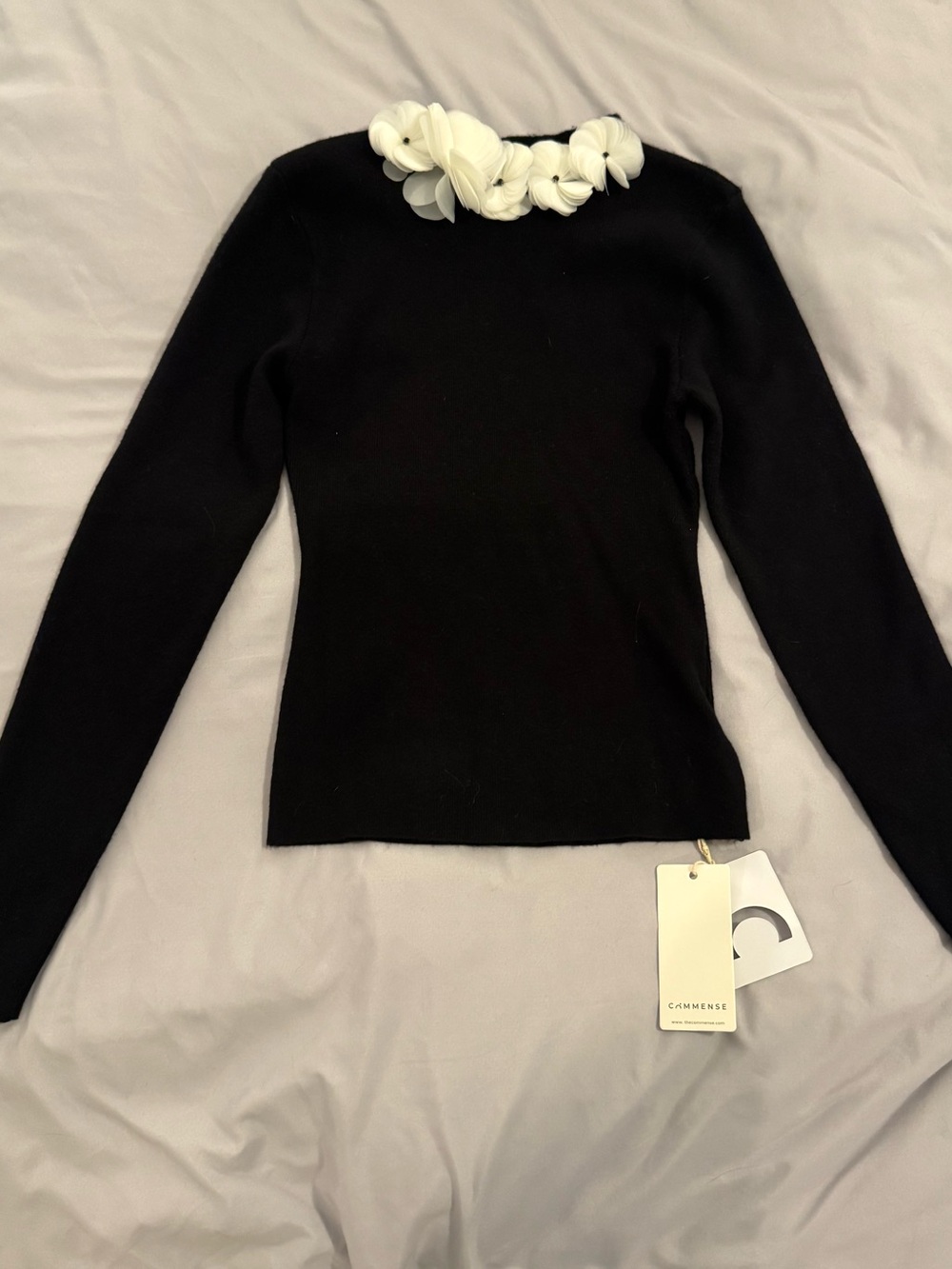 Commense Black Long Sleeve Top with White Flower Neck Detail